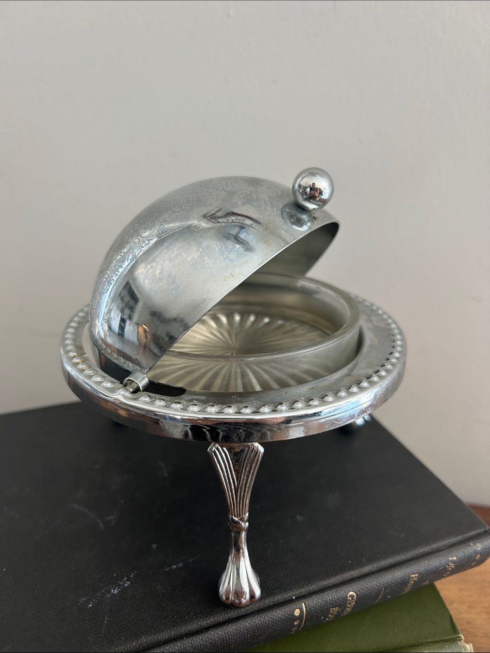 Vintage Silver Plate Footed Roll Top Caviar/Butter Dish Dome with Glass England